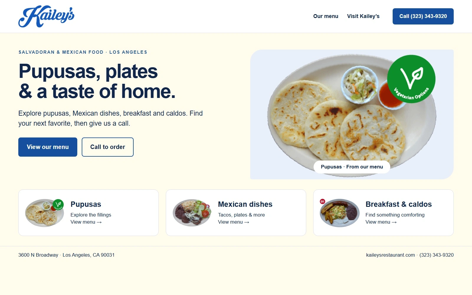 Proposed menu-led homepage using Kailey’s official logo and food photography